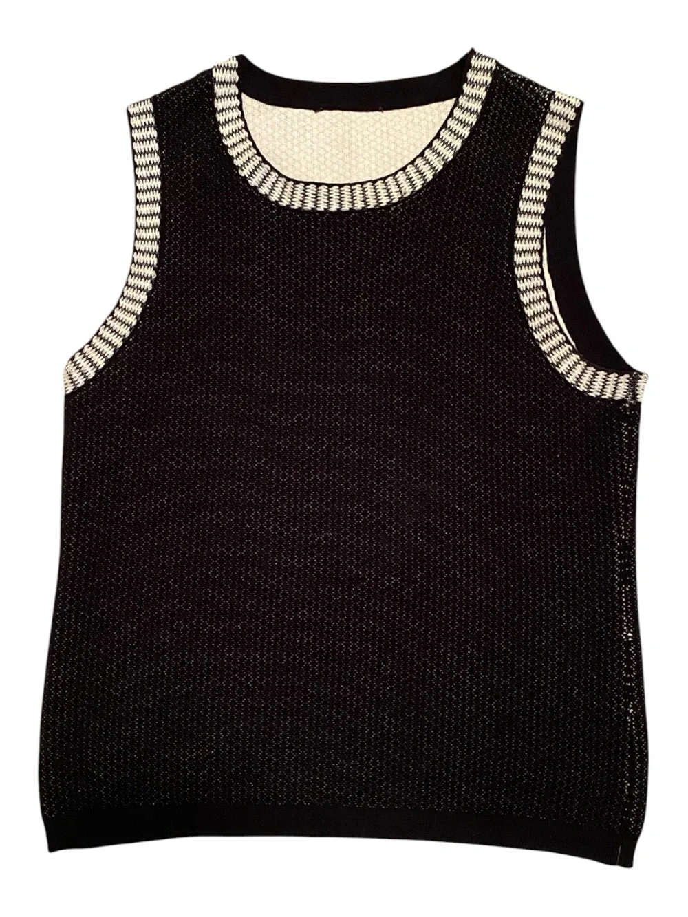Women’s Black Sleeveless Sweater with Cream Lining around Neck and Shoulders - Picture 2 of 6